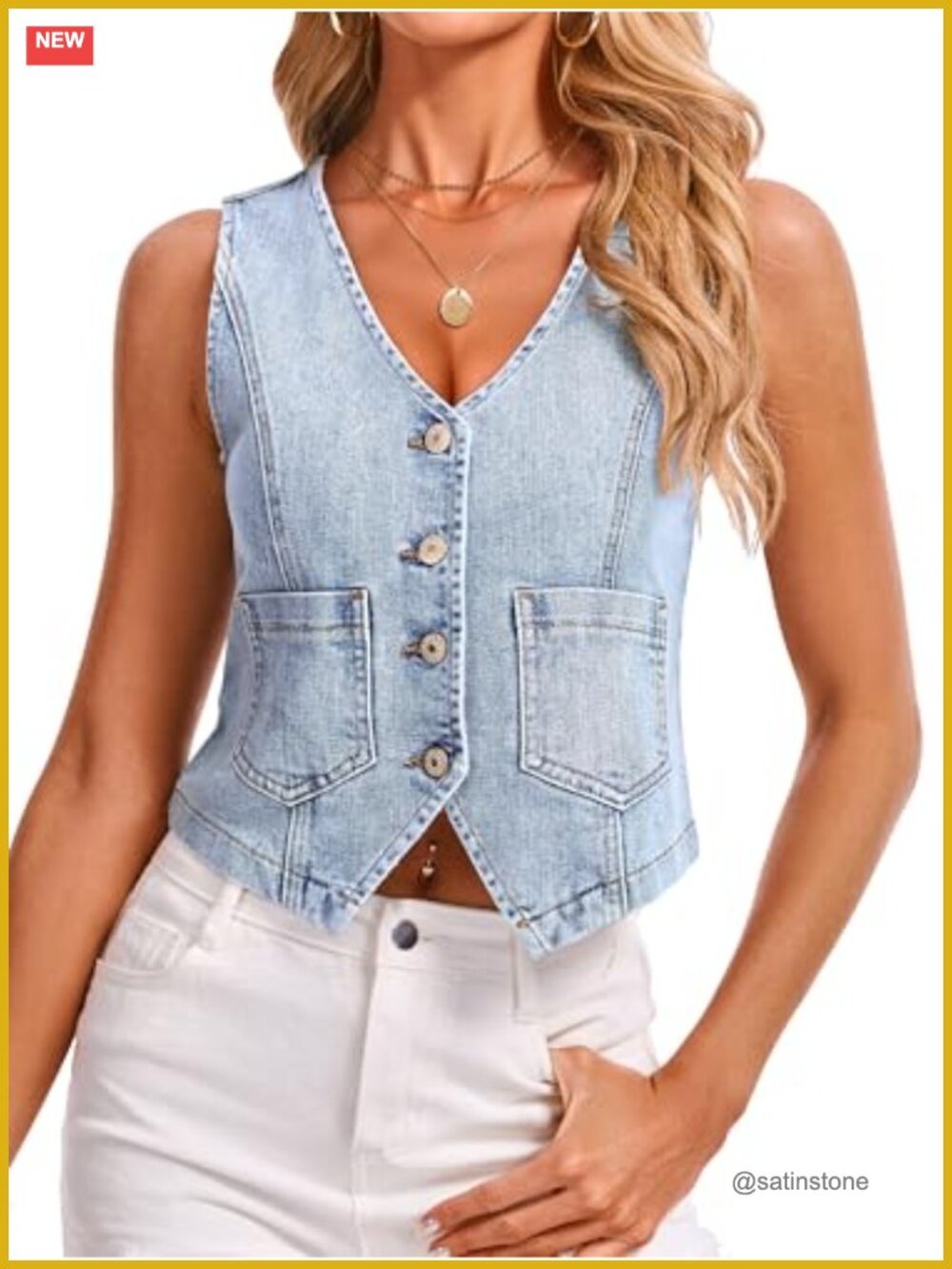 Women's Sleeveless Denim Vest V-Neck Cropped Stretch Jean Vest